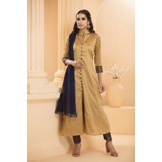 CTL-151 BEIGE AND NAVY BLUE TAFFTA A LINE DRESS WITH FRONT OPENING (READY MADE)